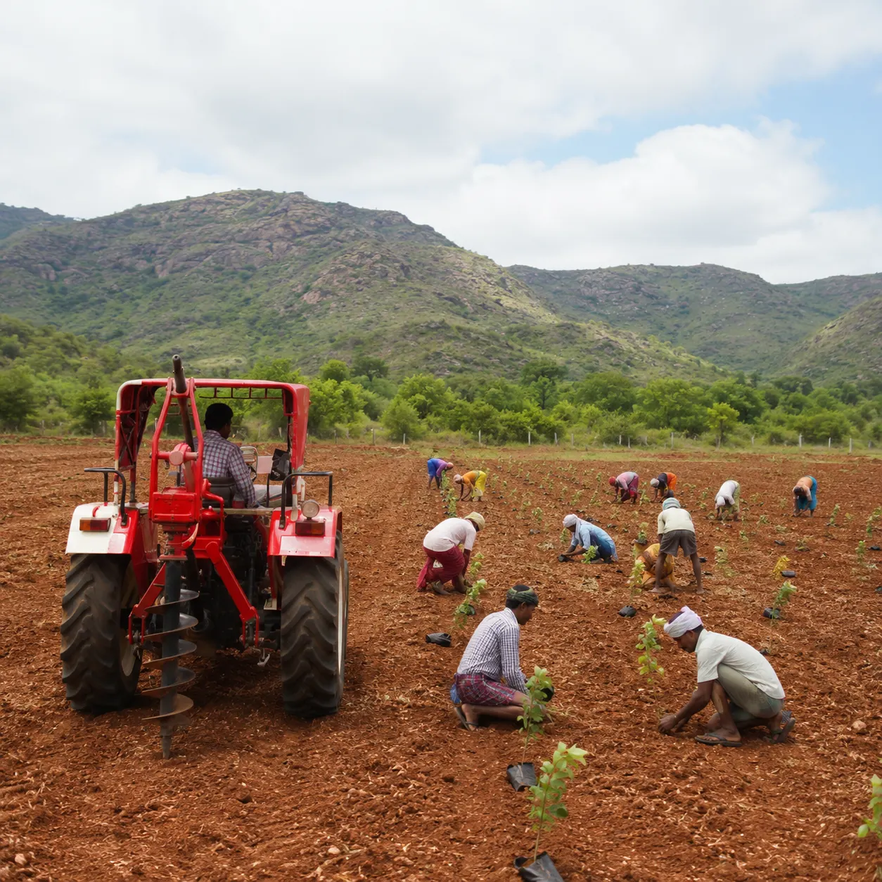 Farm team planting red sandalwood saplings with a tractor mounted auger